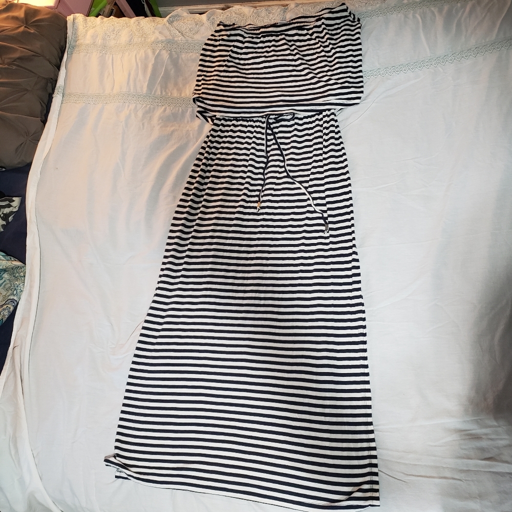 Strapless black and white striped maxi dress